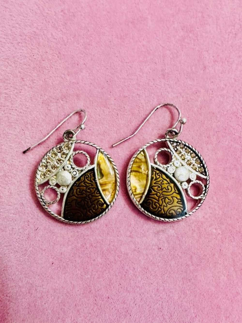 Boho Mixed Metal & Faux Tiger Eye Mosaic Circle Dangle Earrings